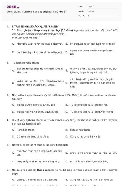 Đề thi giữa kì 1 Lịch sử 6 có đáp án (sách mới) - Đề 2