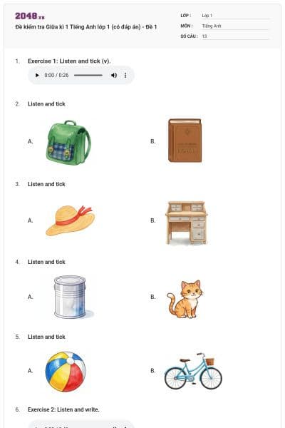 Đề kiểm tra Giữa kì 1 Tiếng Anh lớp 1 (có đáp án) - Đề 1