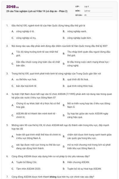 29 câu Trắc nghiệm Lịch sử 9 Bài 19 (có đáp án - Phần 2)