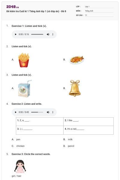 Đề kiểm tra Cuối kì 1 Tiếng Anh lớp 1 (có đáp án) - Đề 8