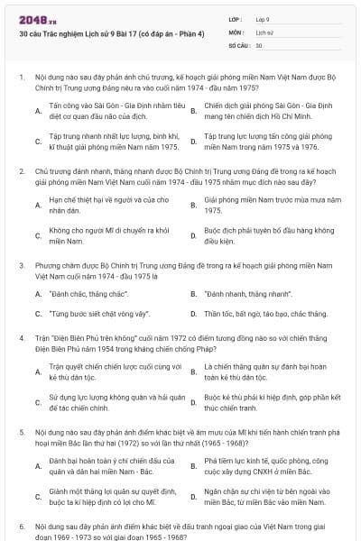 30 câu Trắc nghiệm Lịch sử 9 Bài 17 (có đáp án - Phần 4)
