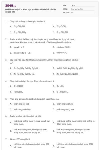 Đề kiểm tra định kì Khoa học tự nhiên 9 Chủ đề 8 có đáp án (Đề 61)