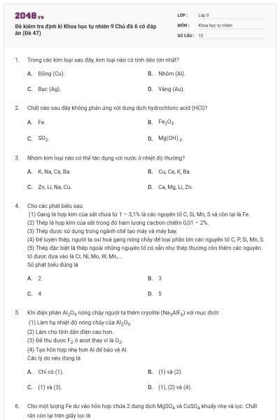 Đề kiểm tra định kì Khoa học tự nhiên 9 Chủ đề 6 có đáp án (Đề 47)