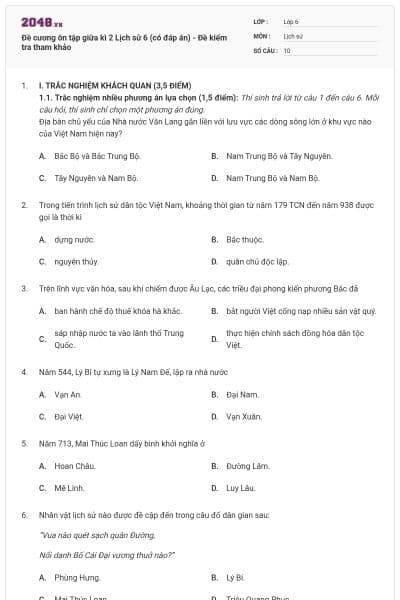 Đề cương ôn tập giữa kì 2 Lịch sử 6 (có đáp án) - Đề kiểm tra tham khảo