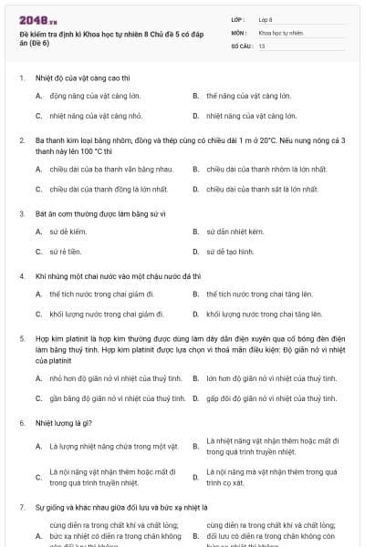 Đề kiểm tra định kì Khoa học tự nhiên 8 Chủ đề 5 có đáp án (Đề 6)