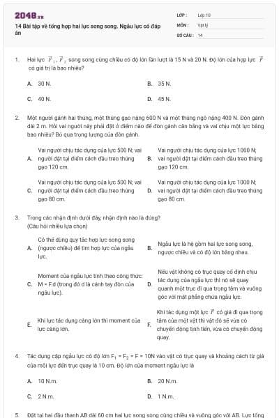 14 Bài tập về tổng hợp hai lực song song. Ngẫu lực có đáp án