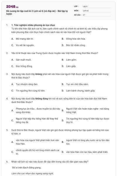 Đề cương ôn tập cuối kì 2 Lịch sử 6 (có đáp án) - Bài tập tự luyện