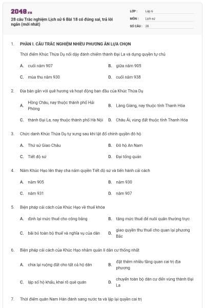 28 câu Trắc nghiệm Lịch sử 6 Bài 18 có đúng sai, trả lời ngắn (mới nhất)