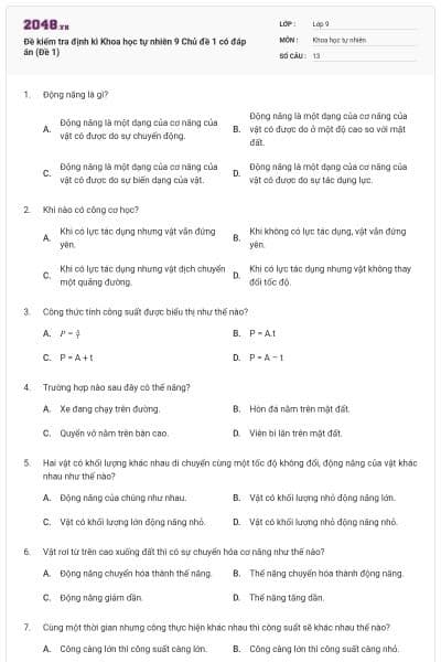 Đề kiểm tra định kì Khoa học tự nhiên 9 Chủ đề 1 có đáp án (Đề 1)