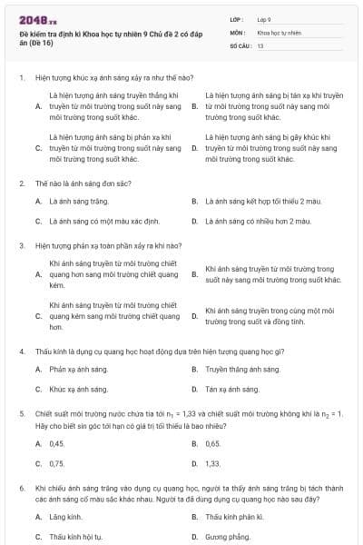 Đề kiểm tra định kì Khoa học tự nhiên 9 Chủ đề 2 có đáp án (Đề 16)