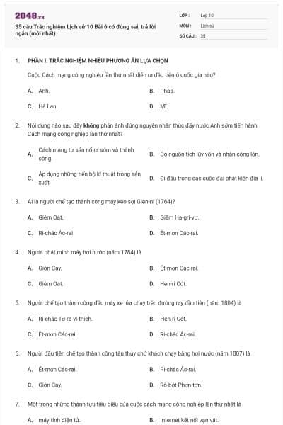 35 câu Trắc nghiệm Lịch sử 10 Bài 6 có đúng sai, trả lời ngắn (mới nhất)