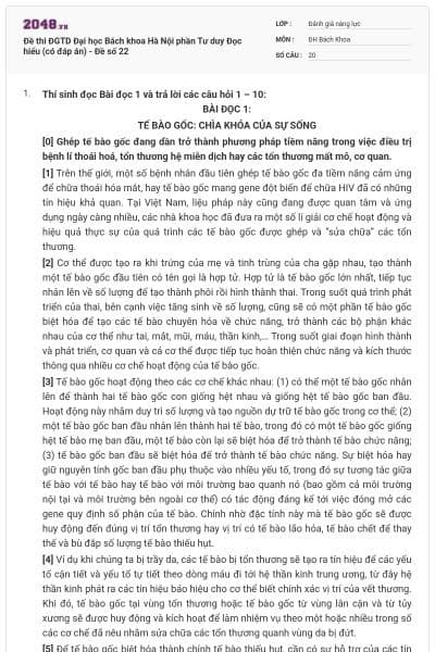 Đề thi ĐGTD Đại học Bách khoa Hà Nội phần Tư duy Đọc hiểu (có đáp án) - Đề số 22
