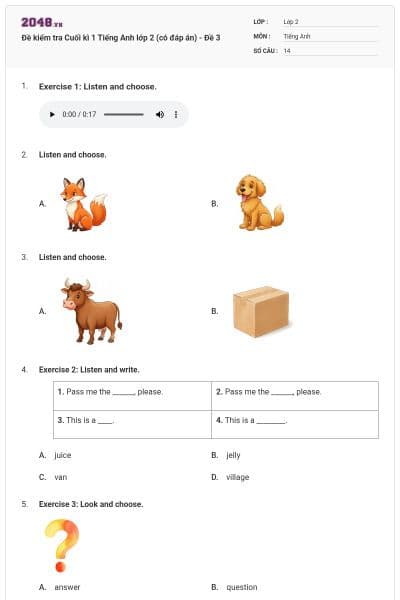 Đề kiểm tra Cuối kì 1 Tiếng Anh lớp 2 (có đáp án) - Đề 3