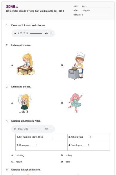 Đề kiểm tra Giữa kì 1 Tiếng Anh lớp 3 (có đáp án) - Đề 3