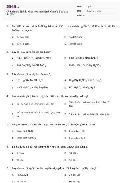 Đề kiểm tra định kì Khoa học tự nhiên 8 Chủ đề 2 có đáp án (Đề 1)