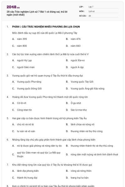 28 câu Trắc nghiệm Lịch sử 7 Bài 1 có đúng sai, trả lời ngắn (mới nhất)
