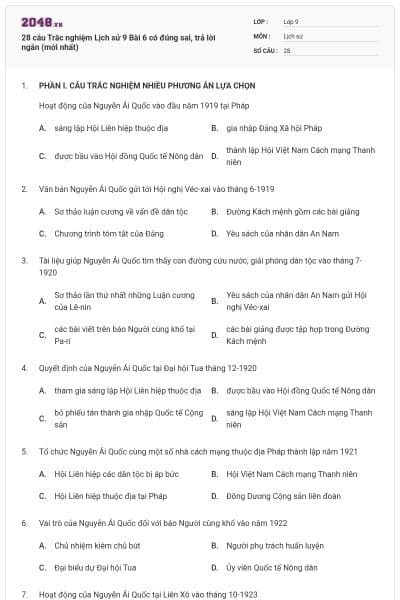 28 câu Trắc nghiệm Lịch sử 9 Bài 6 có đúng sai, trả lời ngắn (mới nhất)