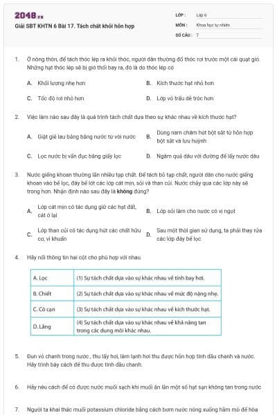 Giải SBT KHTN 6 Bài 17. Tách chất khỏi hỗn hợp
