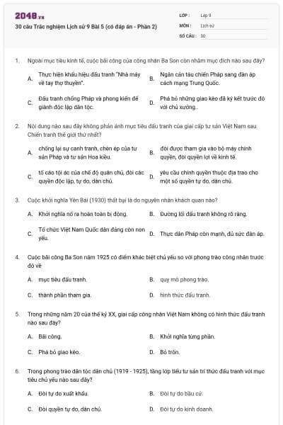 30 câu Trắc nghiệm Lịch sử 9 Bài 5 (có đáp án - Phần 2)