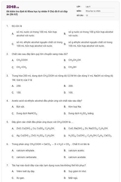 Đề kiểm tra định kì Khoa học tự nhiên 9 Chủ đề 8 có đáp án (Đề 63)