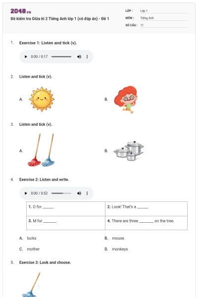 Đề kiểm tra Giữa kì 2 Tiếng Anh lớp 1 (có đáp án) - Đề 1