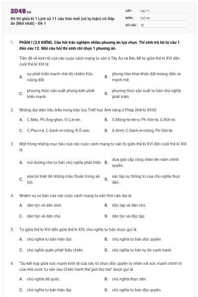 Đề thi giữa kì 1 Lịch sử 11 cấu trúc mới (có tự luận) có đáp án (Mới nhất) - Đề 1