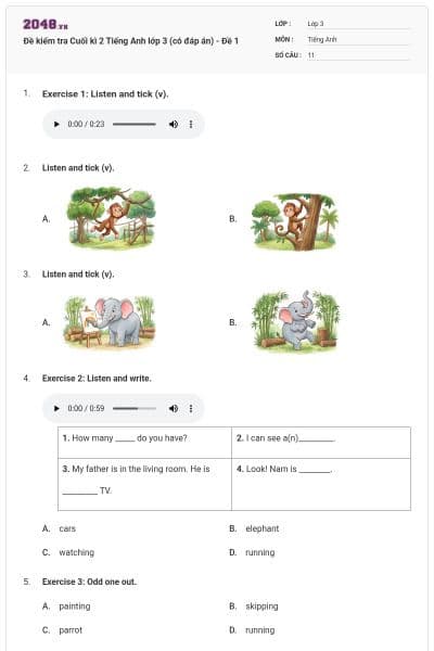 Đề kiểm tra Cuối kì 2 Tiếng Anh lớp 3 (có đáp án) - Đề 1