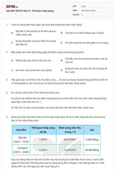 Giải SBT KHTN 6 Bài 51. Tiết kiệm năng lượng