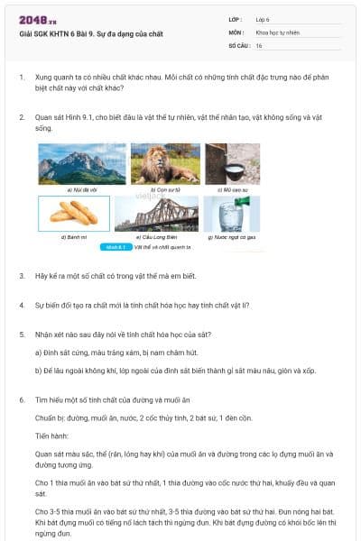 Giải SGK KHTN 6 Bài 9. Sự đa dạng của chất