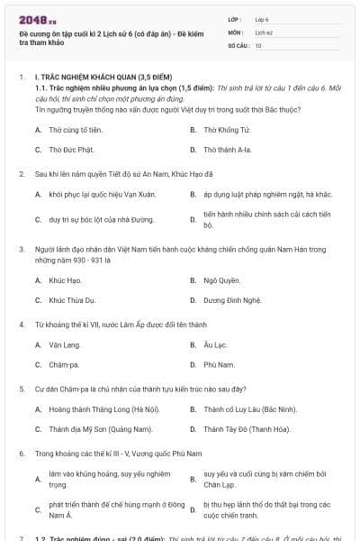 Đề cương ôn tập cuối kì 2 Lịch sử 6 (có đáp án) - Đề kiểm tra tham khảo