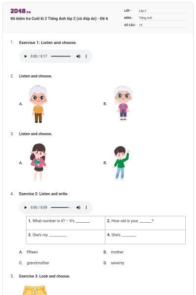 Đề kiểm tra Cuối kì 2 Tiếng Anh lớp 2 (có đáp án) - Đề 6