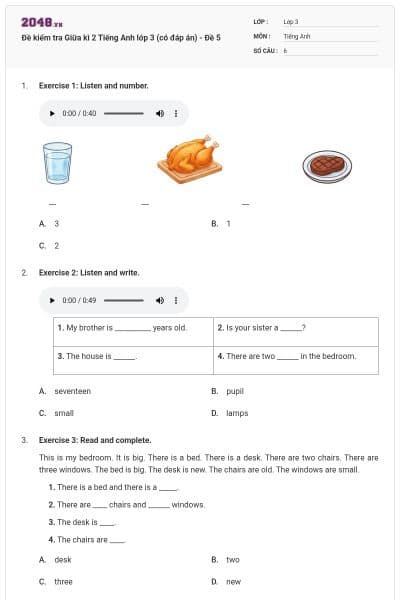 Đề kiểm tra Giữa kì 2 Tiếng Anh lớp 3 (có đáp án) - Đề 5