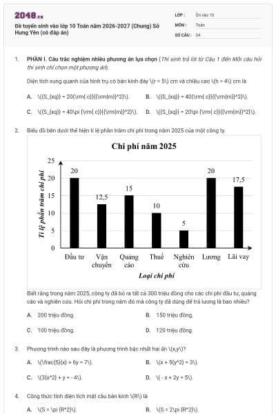 Đề tuyển sinh vào lớp 10 Toán năm 2026-2027 (Chung) Sở Hưng Yên (có đáp án)