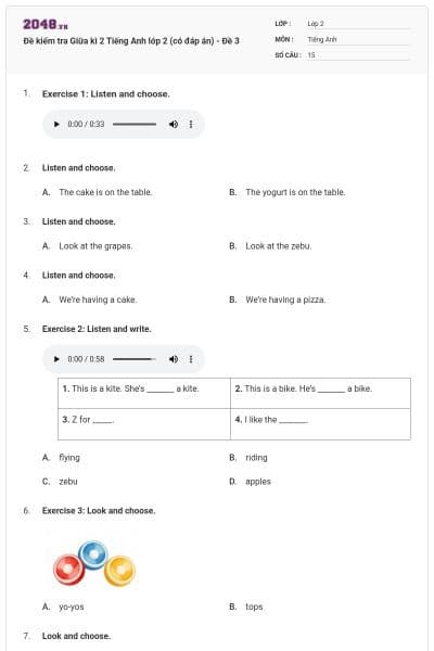 Đề kiểm tra Giữa kì 2 Tiếng Anh lớp 2 (có đáp án) - Đề 3