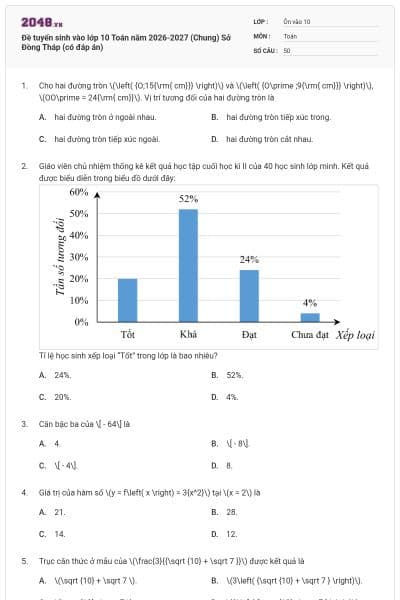 Đề tuyển sinh vào lớp 10 Toán năm 2026-2027 (Chung) Sở Đồng Tháp (có đáp án)