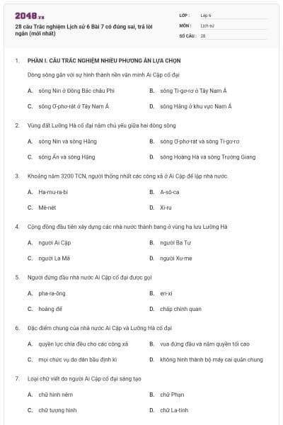 28 câu Trắc nghiệm Lịch sử 6 Bài 7 có đúng sai, trả lời ngắn (mới nhất)