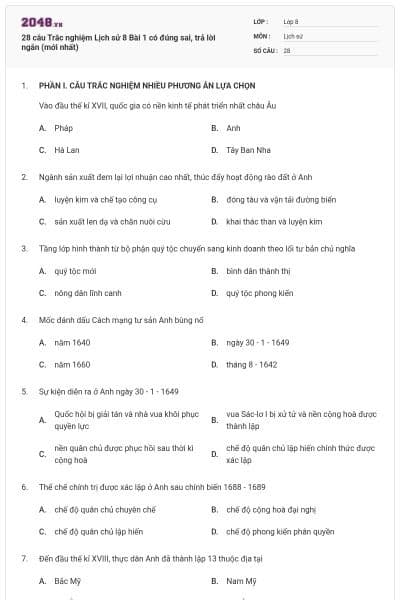 28 câu Trắc nghiệm Lịch sử 8 Bài 1 có đúng sai, trả lời ngắn (mới nhất)