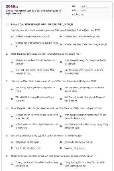 28 câu Trắc nghiệm Lịch sử 9 Bài 5 có đúng sai, trả lời ngắn (mới nhất)