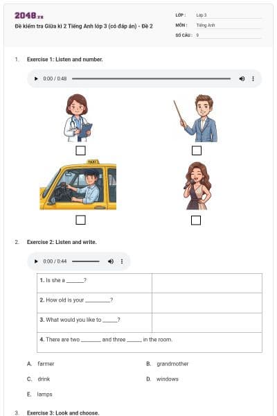 Đề kiểm tra Giữa kì 2 Tiếng Anh lớp 3 (có đáp án) - Đề 2