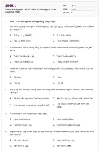 85 câu Trắc nghiệm Lịch sử 10 Bài 10 có đúng sai, trả lời ngắn (mới nhất)