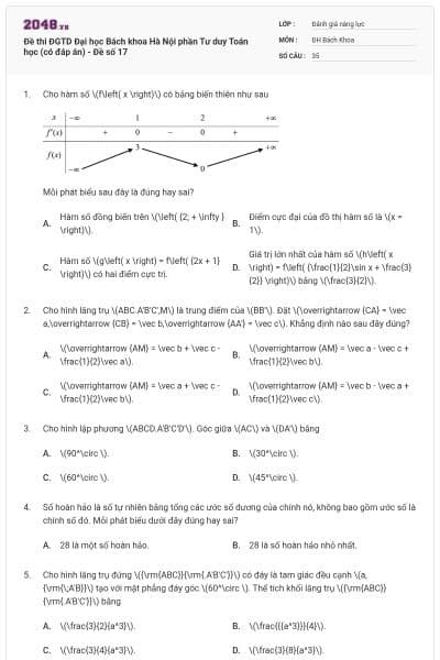 Đề thi ĐGTD Đại học Bách khoa Hà Nội phần Tư duy Toán học (có đáp án) - Đề số 17