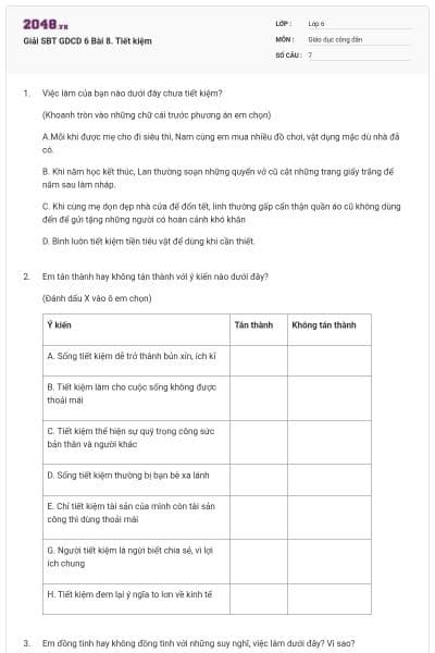 Giải SBT GDCD 6 Bài 8. Tiết kiệm