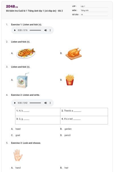 Đề kiểm tra Cuối kì 1 Tiếng Anh lớp 1 (có đáp án) - Đề 2