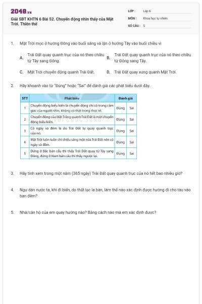 Giải SBT KHTN 6 Bài 52. Chuyển động nhìn thấy của Mặt Trời. Thiên thể