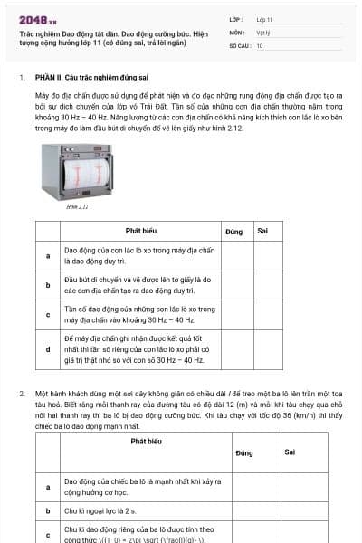 Trắc nghiệm Dao động tắt dần. Dao động cưỡng bức. Hiện tượng cộng hưởng lớp 11 (có đúng sai, trả lời ngắn)
