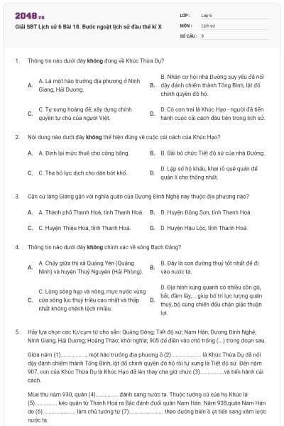 Giải SBT Lịch sử 6 Bài 18. Bước ngoặt lịch sử đầu thế kỉ X
