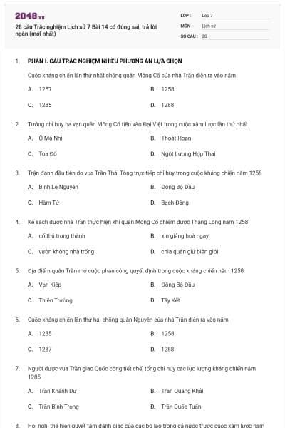 28 câu Trắc nghiệm Lịch sử 7 Bài 14 có đúng sai, trả lời ngắn (mới nhất)