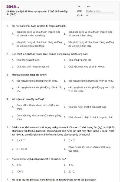 Đề kiểm tra định kì Khoa học tự nhiên 8 Chủ đề 5 có đáp án (Đề 2)