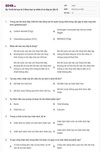 Bộ 10 đề thi học kì 2 Khoa học tự nhiên 8 có đáp án (Đề 4)