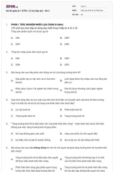 Đề thi giữa kì 1 KTPL 12 (có đáp án) - Đề 2